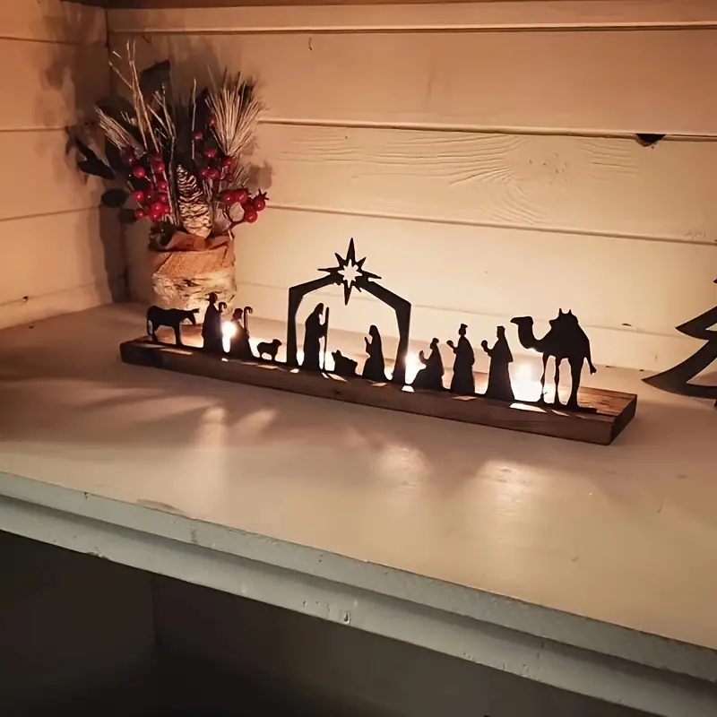 Nativity Scene Wood and Metal Tea Light Holder