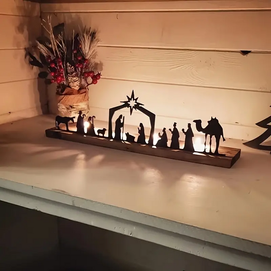 Nativity Scene Wood and Metal Tea Light Holder