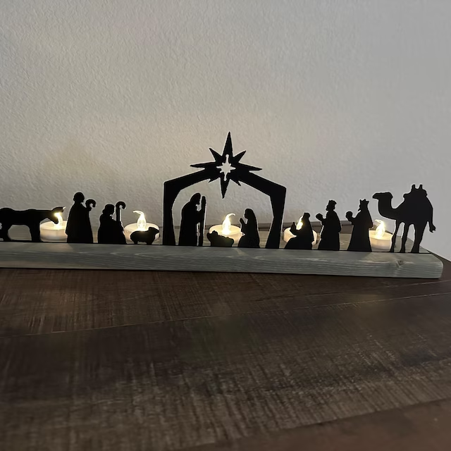 Nativity Scene Wood and Metal Tea Light Holder